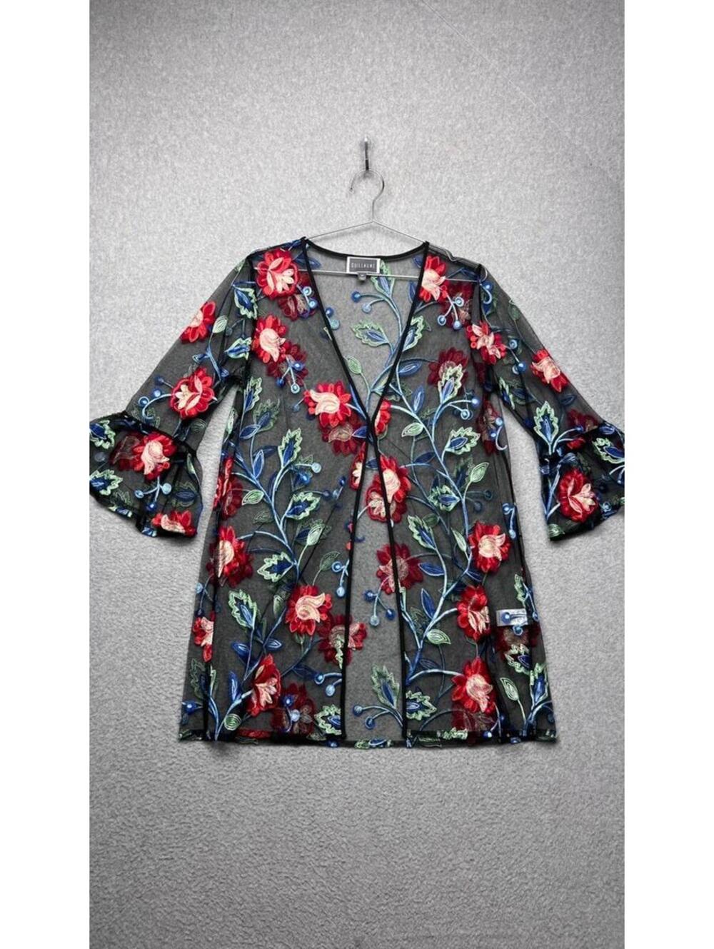 Guillaume Sheer Mesh Floral Embroidered Kimono Cardigan XS Luxe Boho Whimsigoth